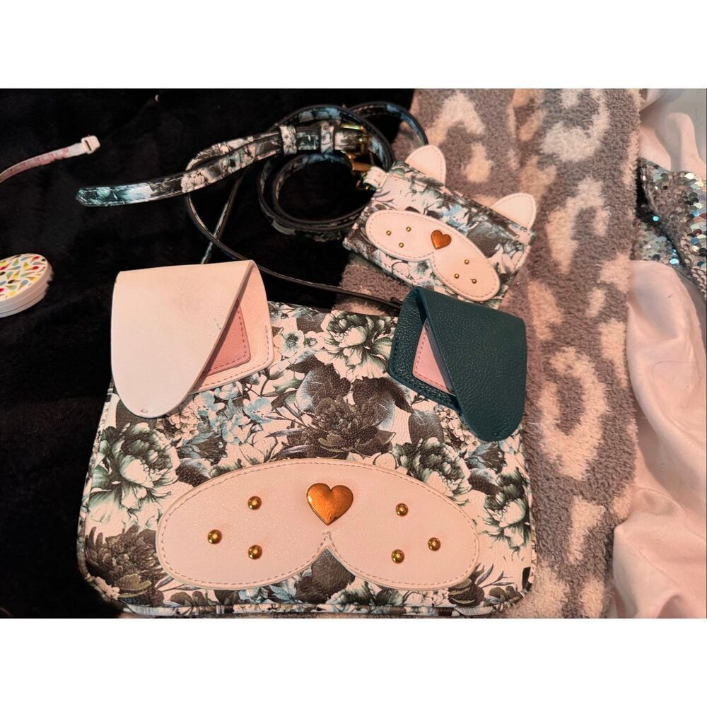 Betsey Johnson Blue China Floral Frenchie Dog Crossbody Bag & Wallet Bag Charms